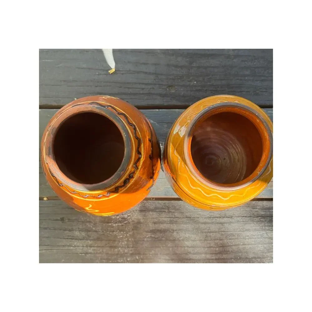 Rare Matching Pair Greg Shooner Redware Stag Vases Slip Trailed Folk Art Pottery